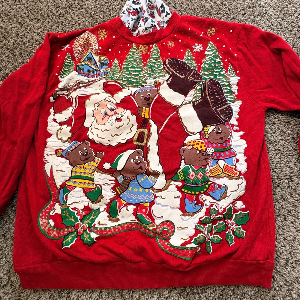 Festive Red Holiday Sweater with Santa and Bears